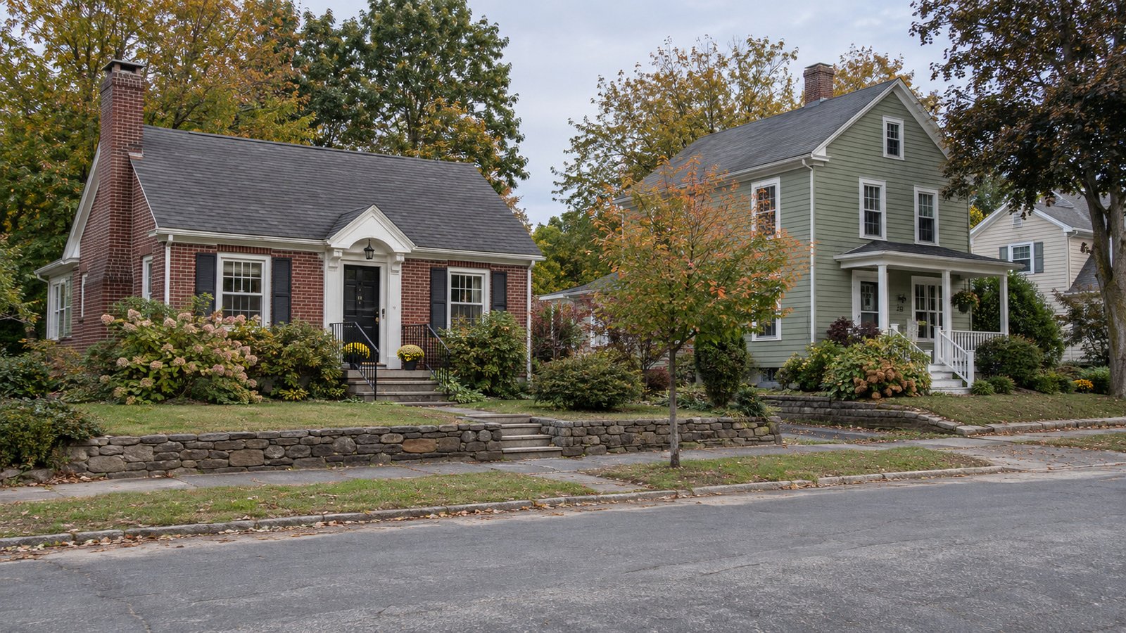 Compare an everyday setting A whole small red-brick house and a whole sage-green clapboard home behind front gardens and a stone wall.