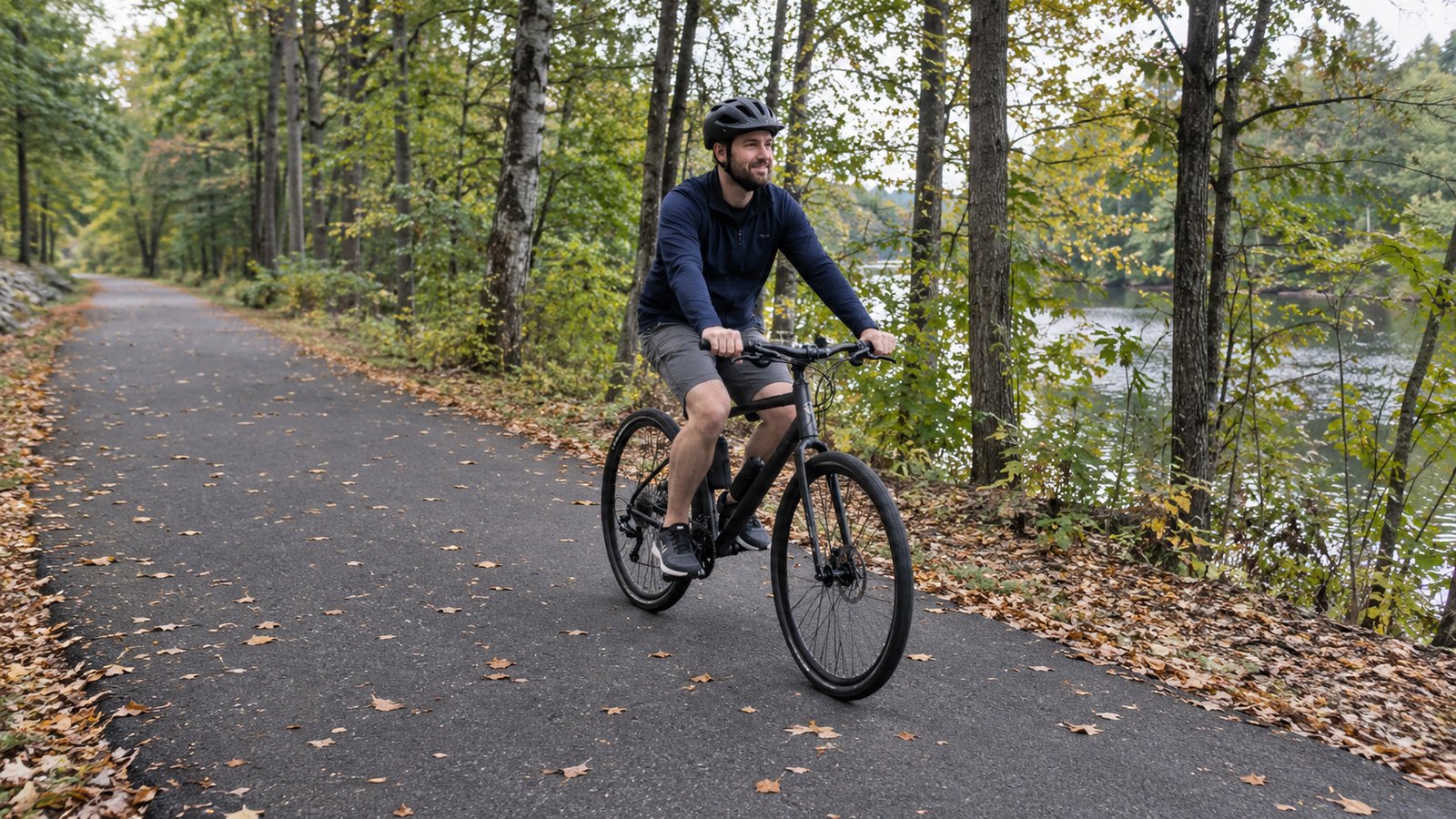 Check an outdoor routine A helmeted man riding a complete bicycle on a broad paved wooded trail.