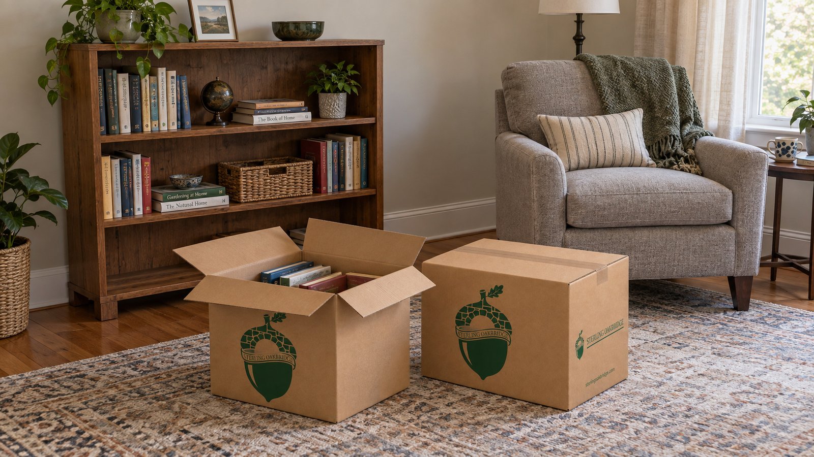 Leave space to unpack books A complete low wooden bookcase and gray reading chair beside open and closed small kraft Book cartons containing books.