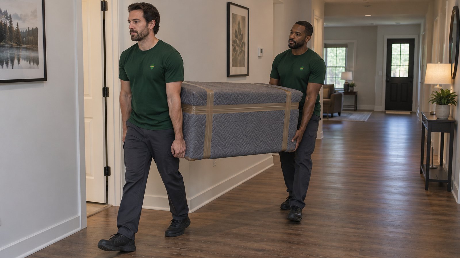 Protect the load and carrying route Two male movers in green Sterling Oakbridge shirts carrying a compact chest covered in a gray blanket secured with brown tape.