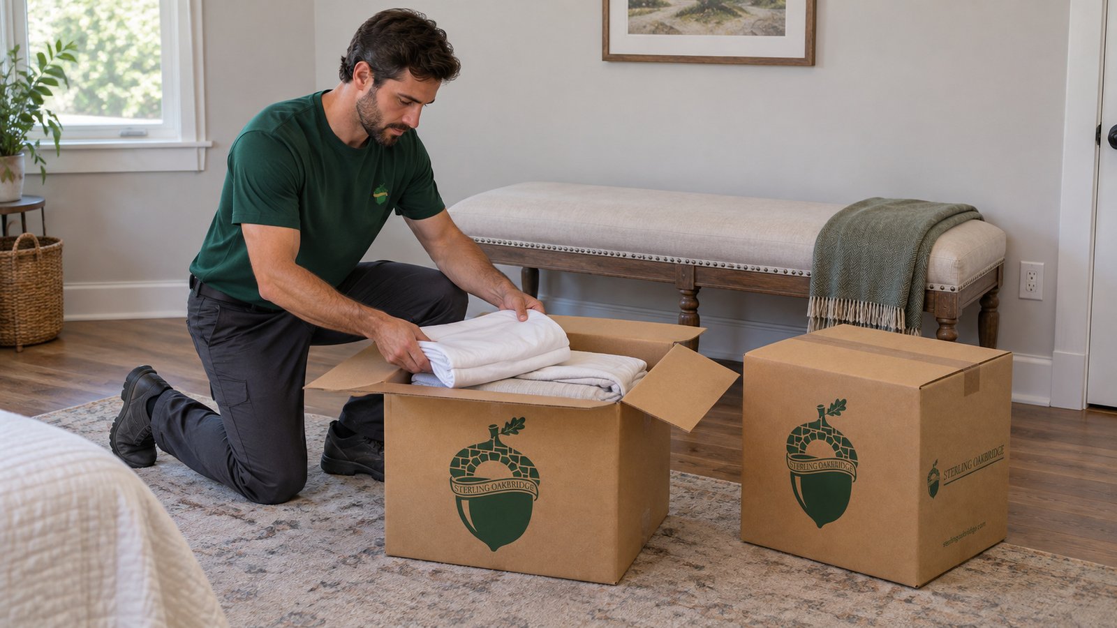 Pack light linens together A kneeling male mover in a green Sterling Oakbridge shirt placing folded linens into an open kraft Medium carton beside a matching closed carton.