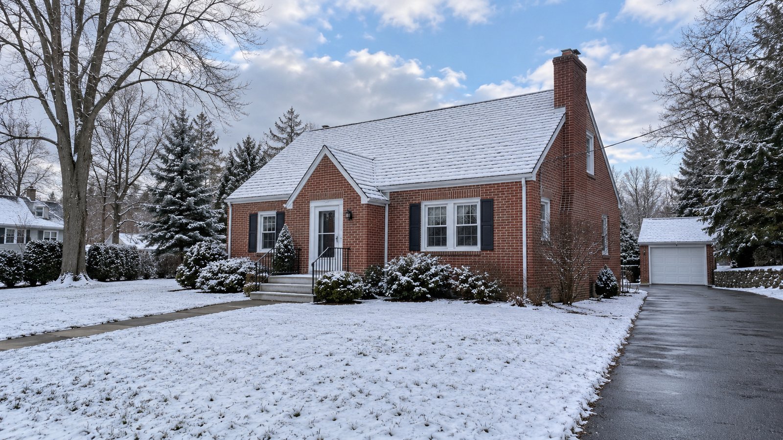 Keep the winter approach usable A whole red-brick home beside a cleared walk and driveway after light snow.