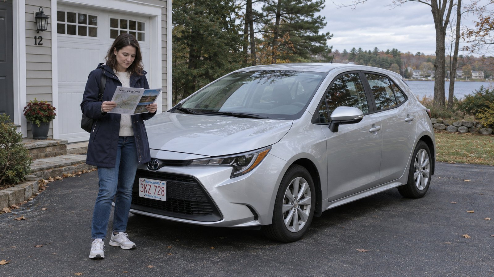 Test the trip from your address A woman in a navy coat reading a folded paper beside a complete silver compact car on a paved driveway.