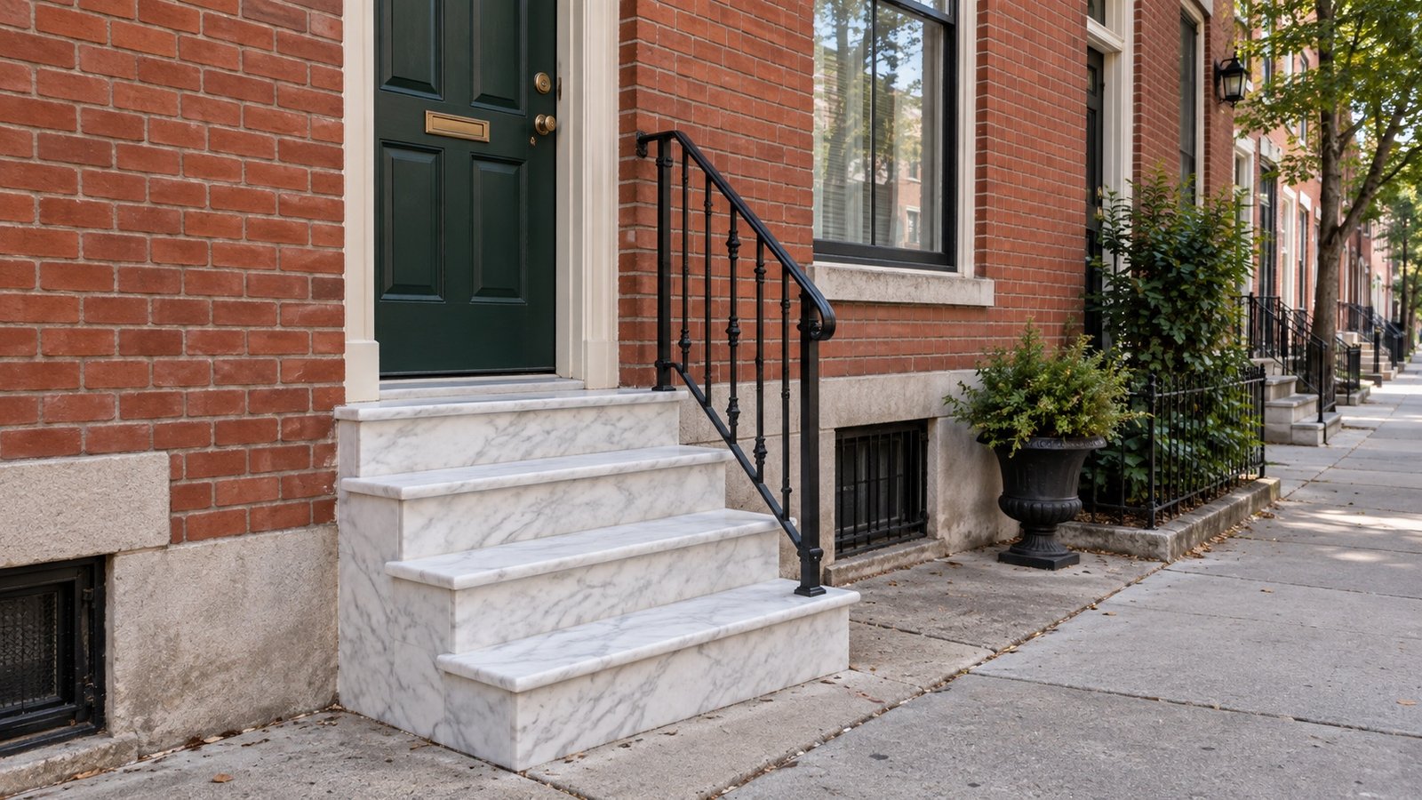 Four white stone steps with a continuous handrail leading to a landing and closed green door