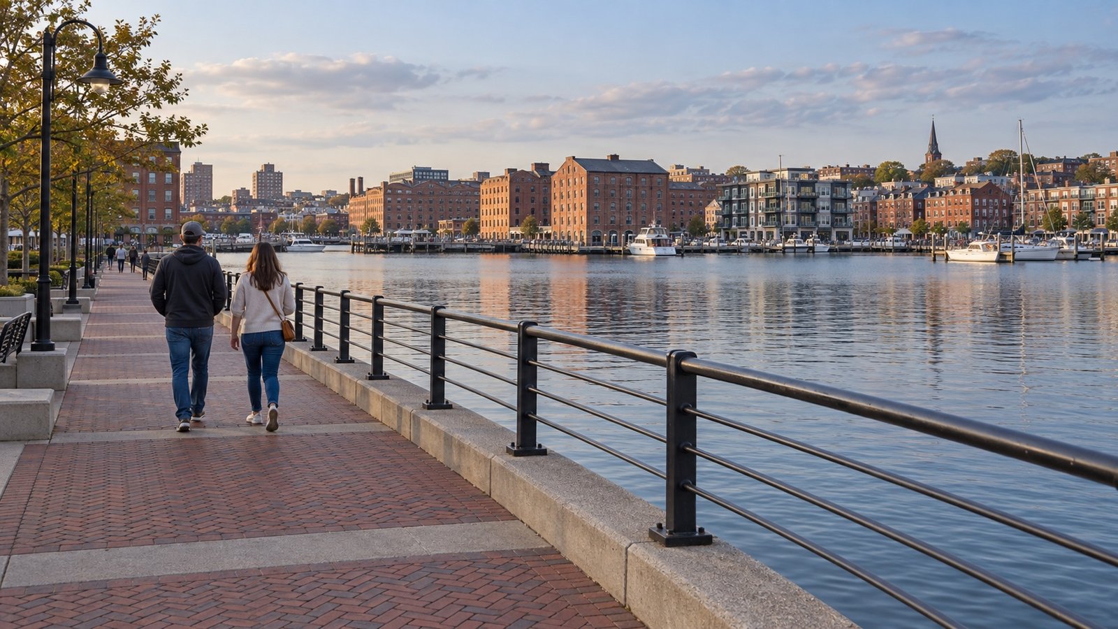 Two adults walking beside a harbor railing with brick buildings along the opposite waterfront
