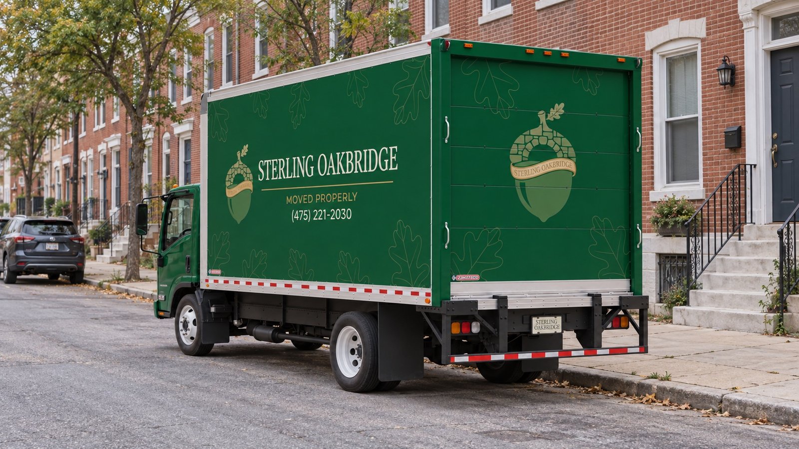 Green Sterling Oakbridge moving truck parked beside a brick residential block with its rear door closed