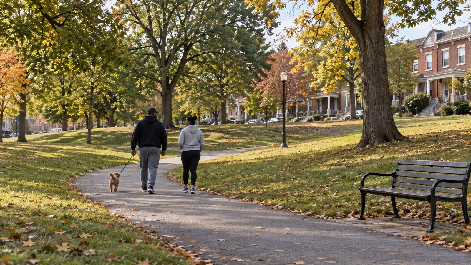 Two adults and a small leashed dog on a paved park path beside a bench with rowhouses beyond