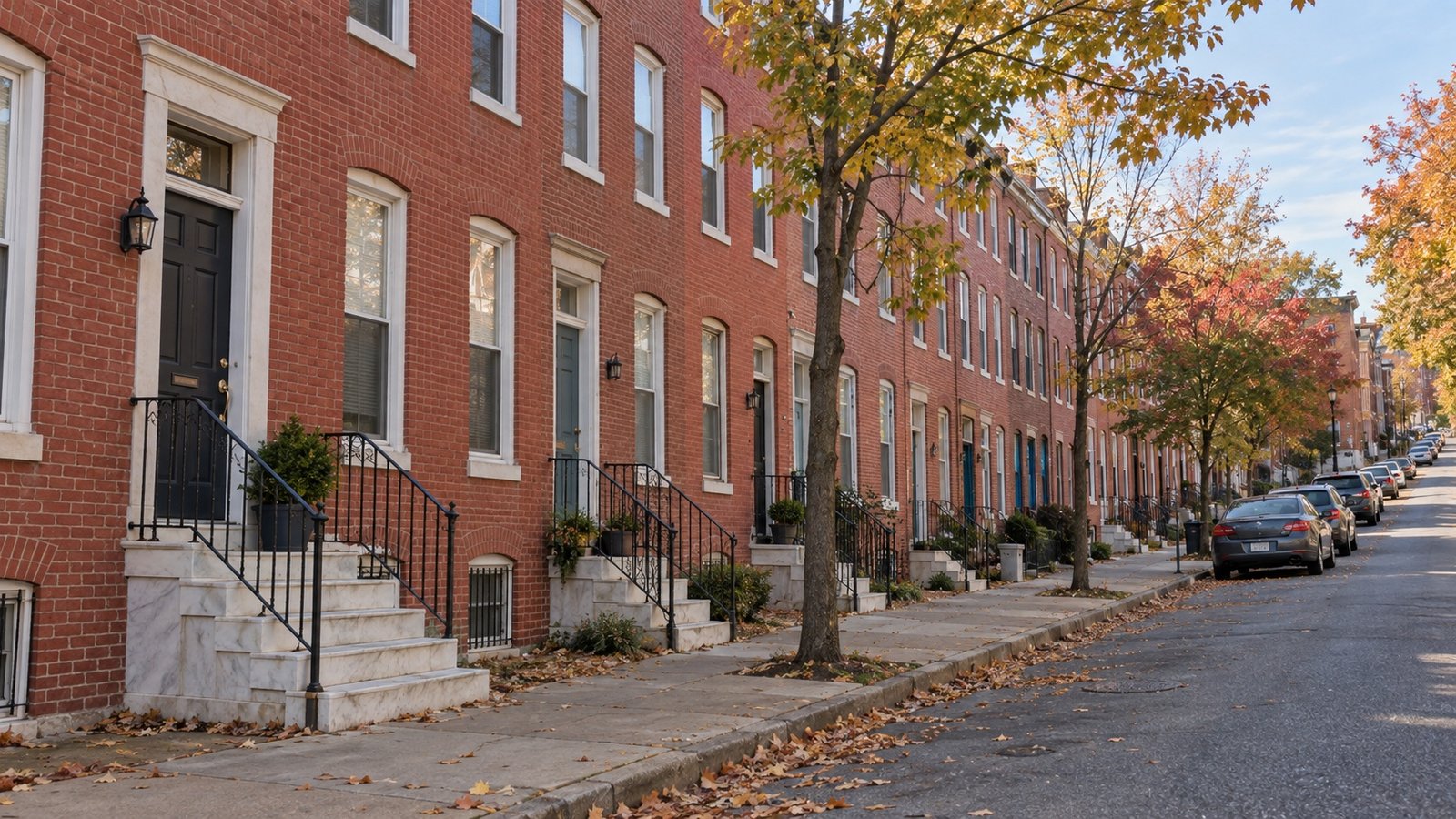 Brick Baltimore-style rowhouses with white stone stoops and autumn trees along the sidewalk