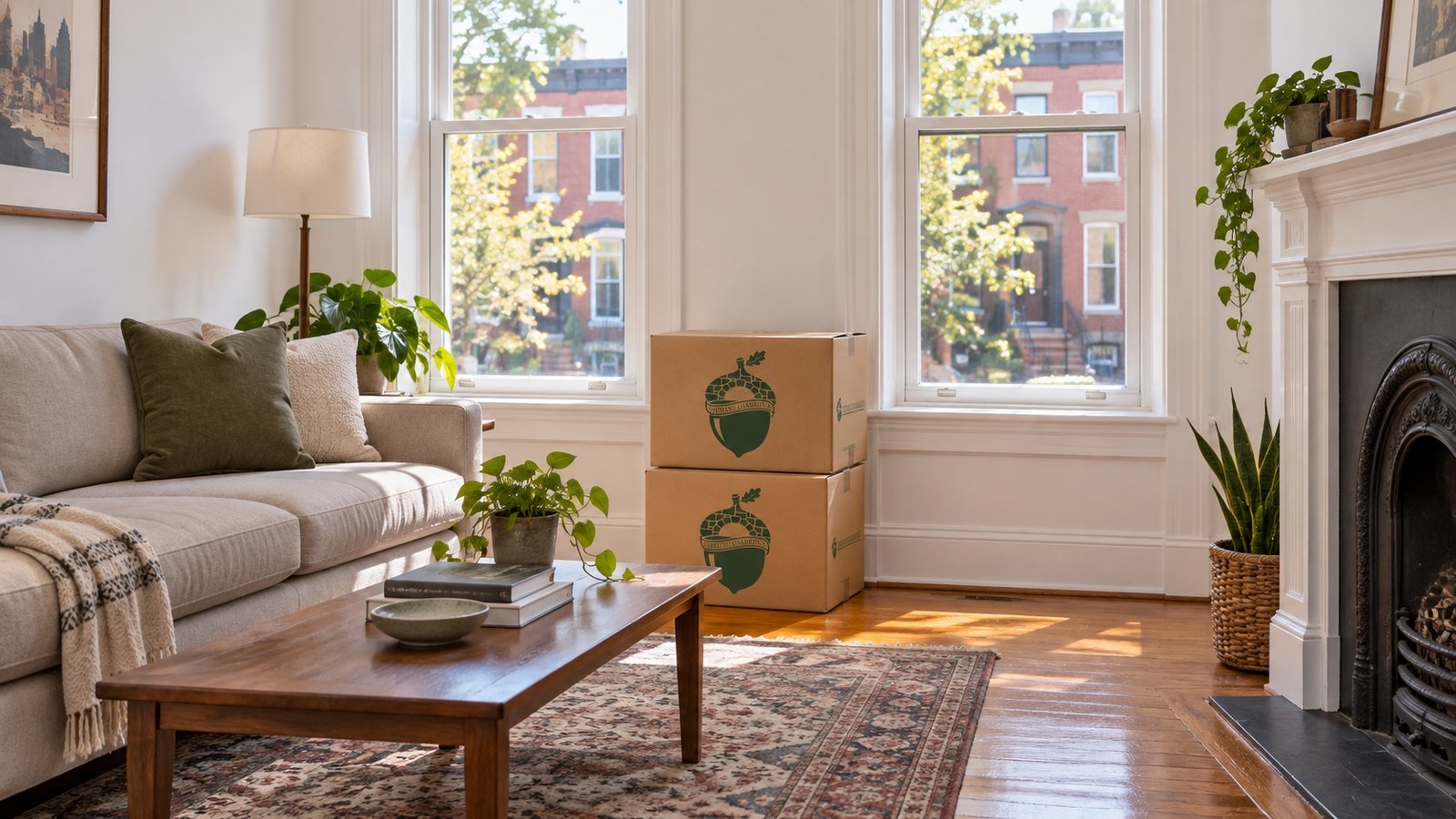 Living room with a sofa, window, fireplace and two closed branded kraft cartons stacked together