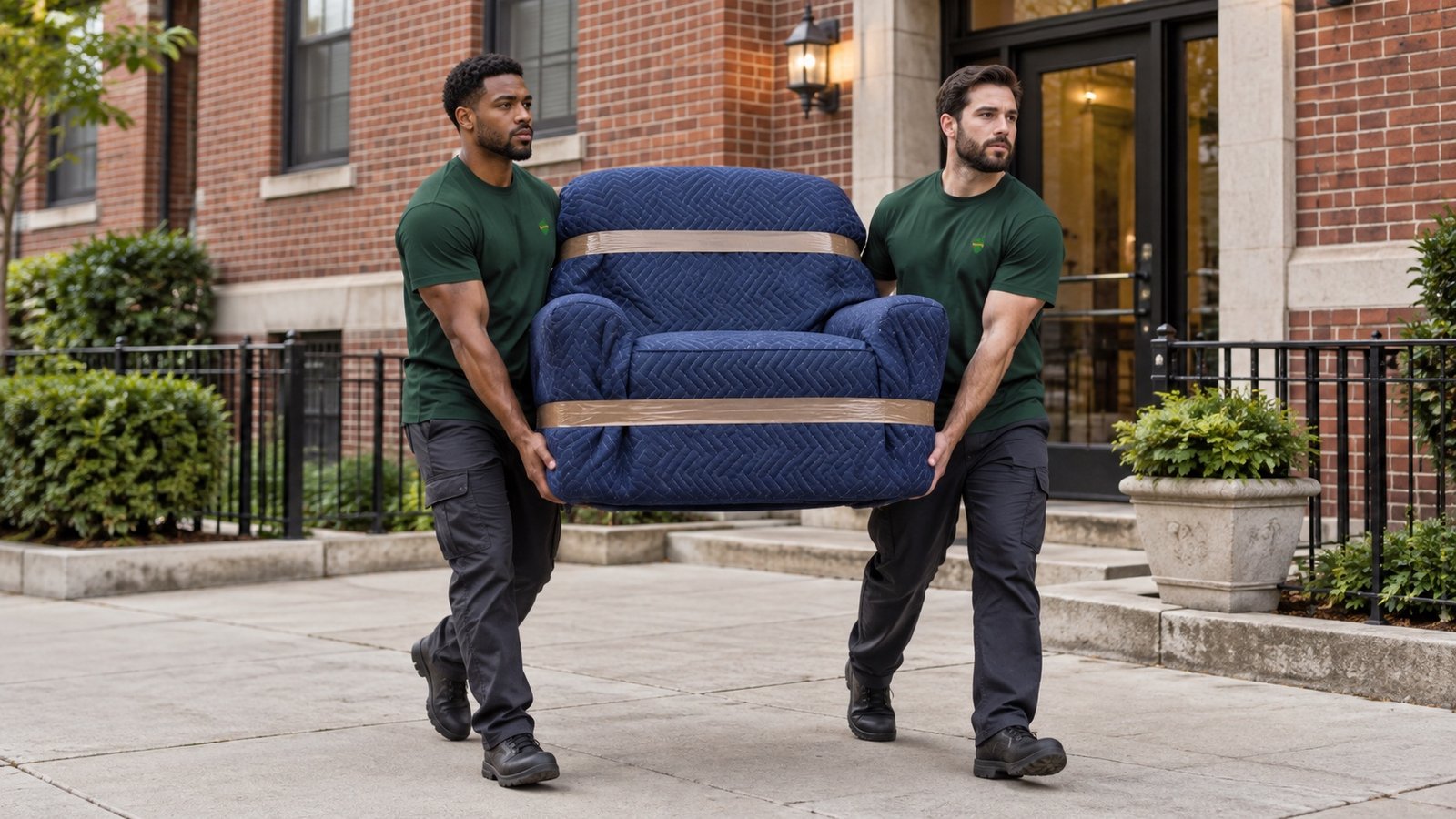Two male movers carrying an armchair fully covered with a navy moving blanket and brown securing tape