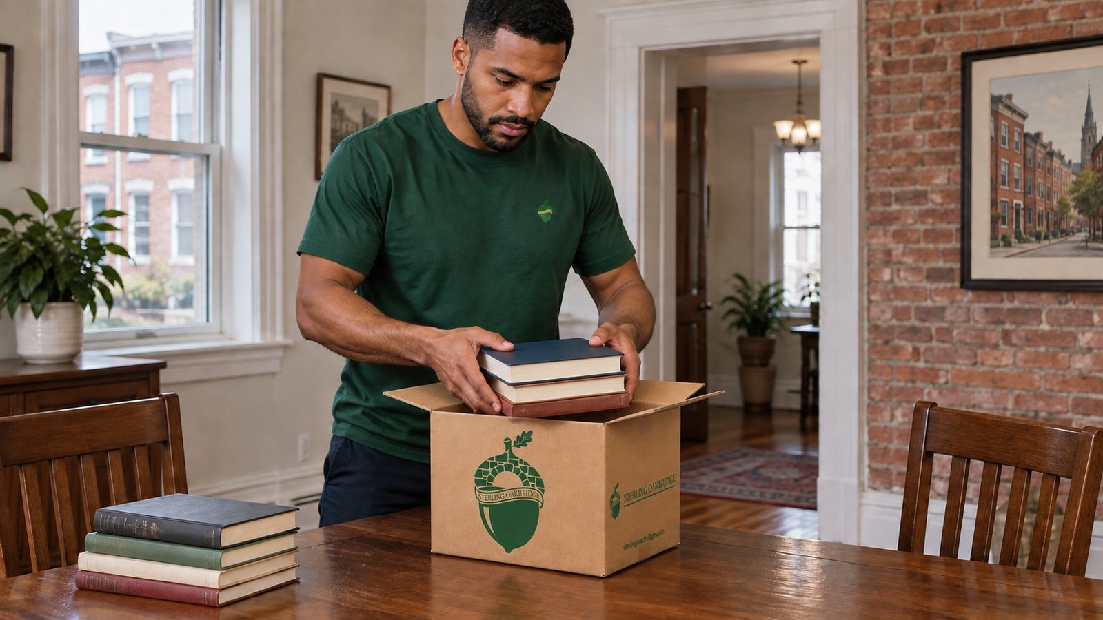 Male mover in a green crewneck holding three books above a compact open kraft book carton