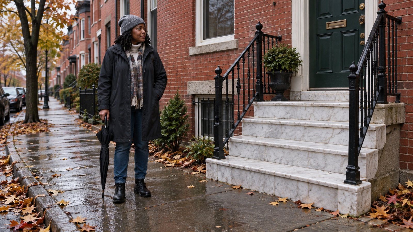 Resident holding a closed umbrella beside wet white steps, with autumn leaves along the curb