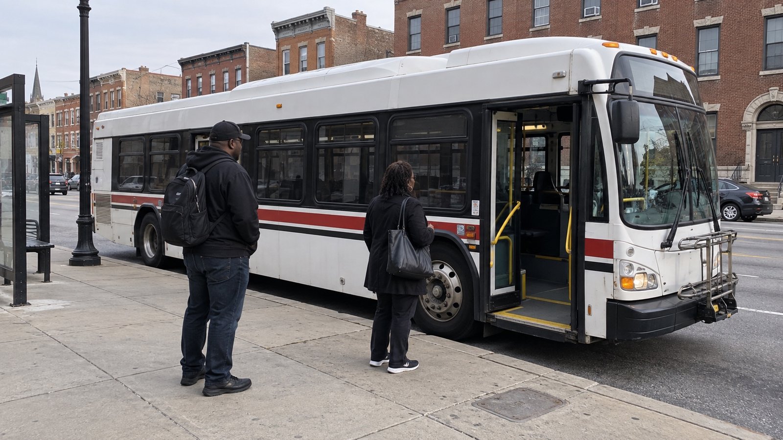 White bus with a red stripe and open front passenger door beside two people on the sidewalk