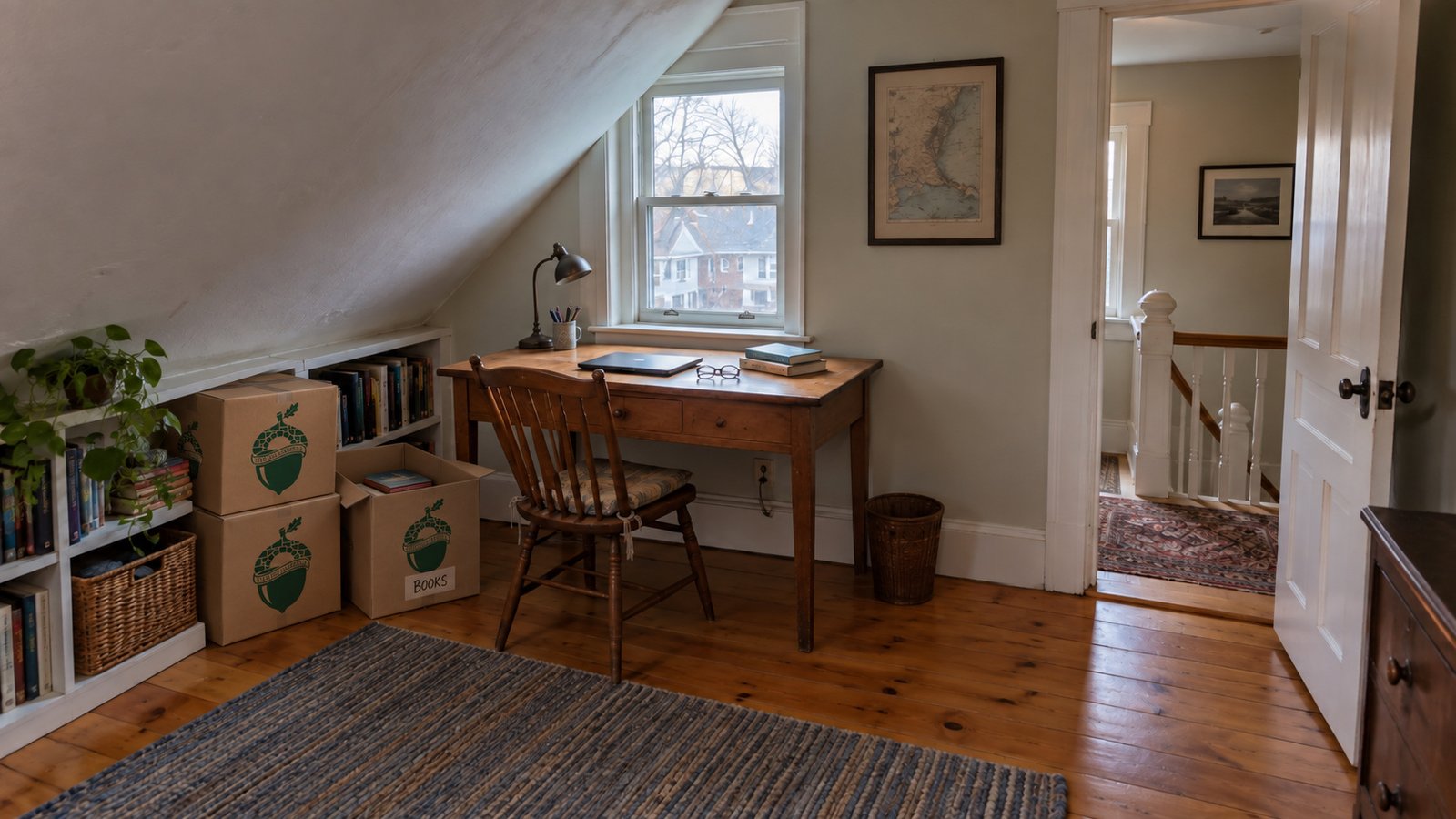 Two closed Sterling Oakbridge book cartons stacked beside a low bookshelf, with an open carton of books in an attic study
