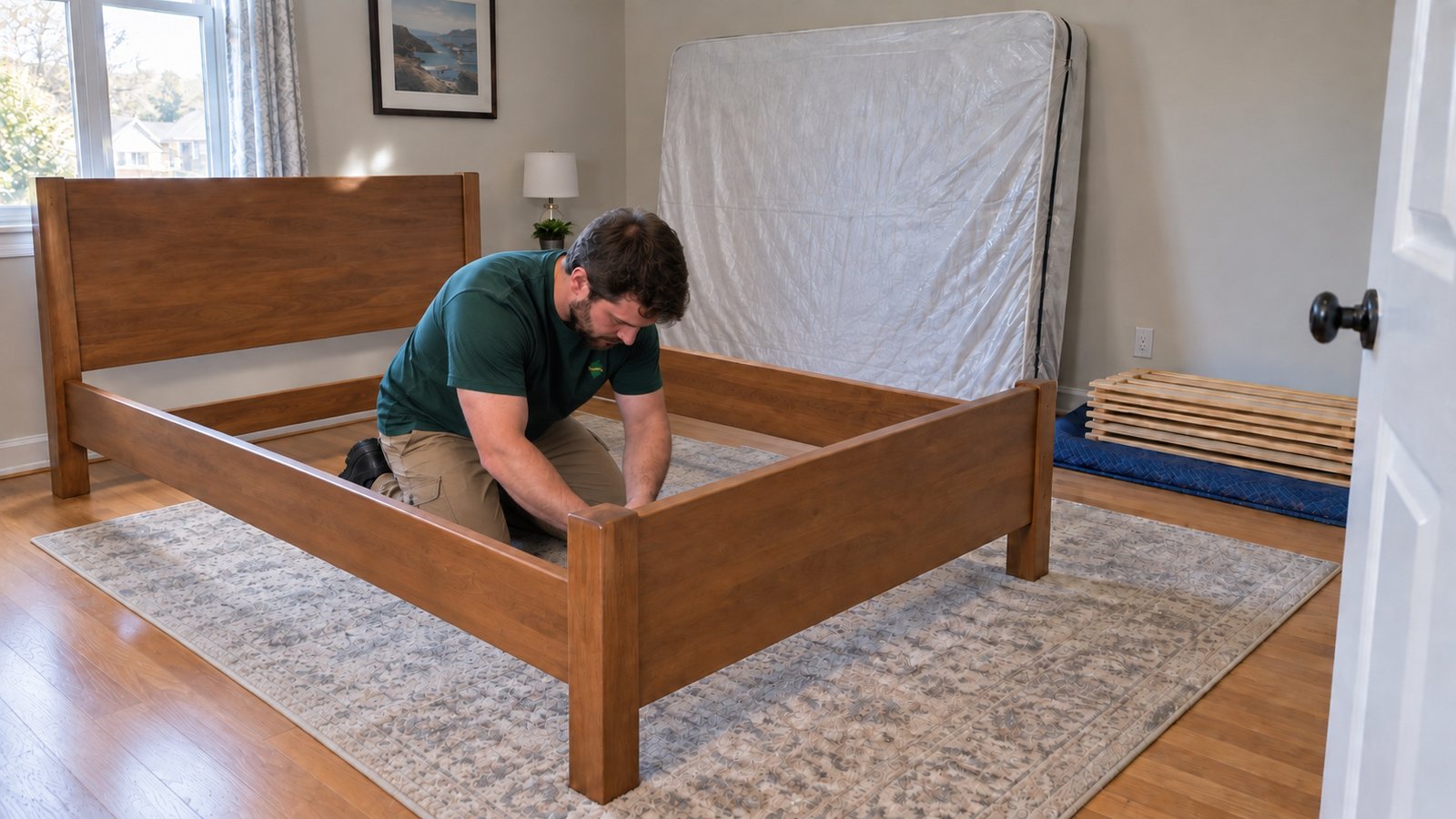 Preparing a bed frame for the move One mover kneeling inside an empty wooden bed frame and working at its inner corner, with a bagged mattress and stacked slats nearby.