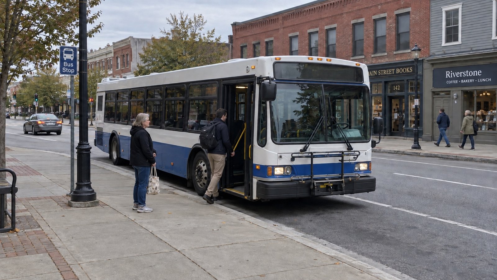 White bus with a blue lower stripe at a curbside stop, with passengers waiting beside the boarding door.