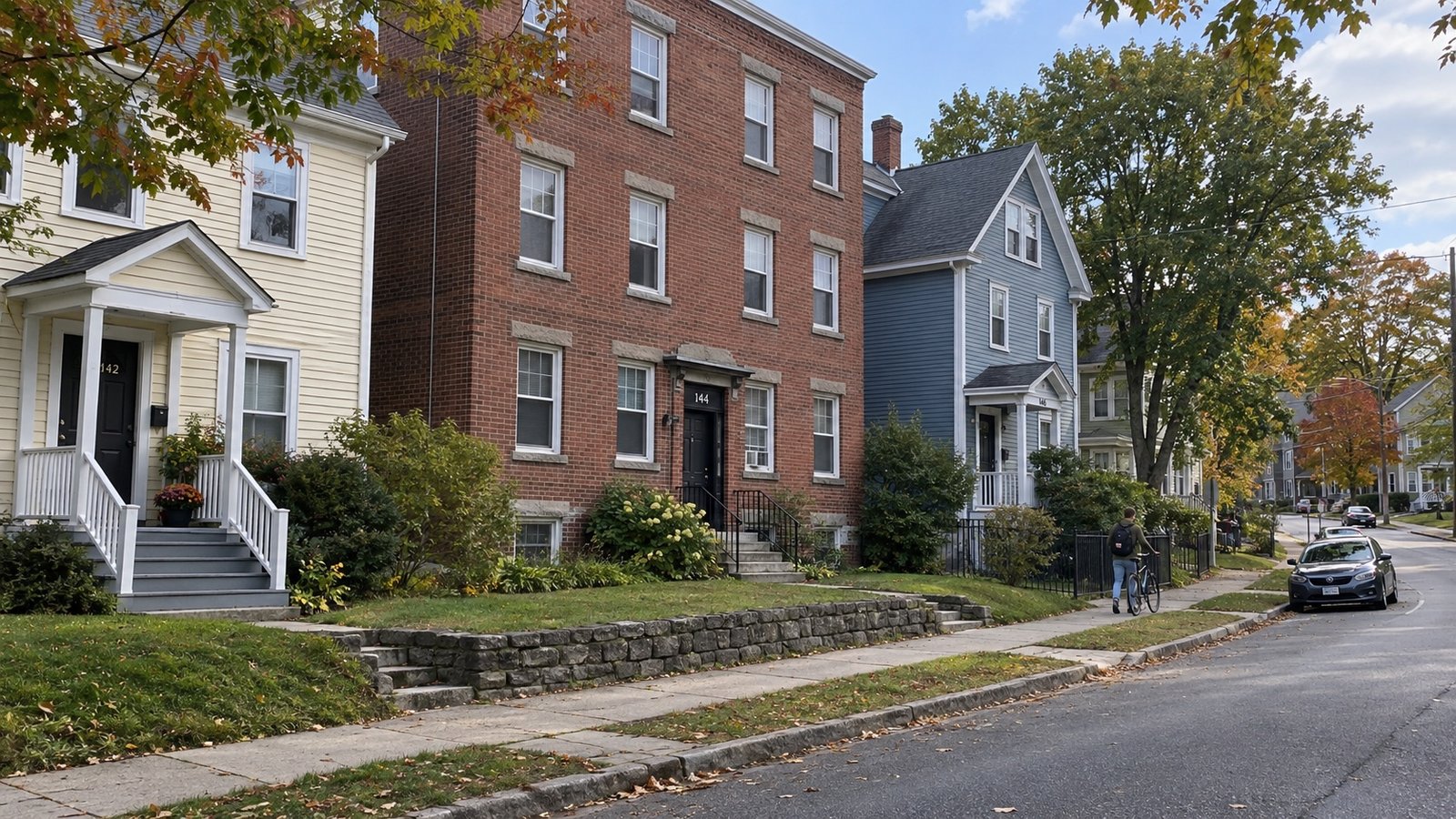 Brick apartment building between wood-frame homes on a sloping street, with a resident walking a bicycle.