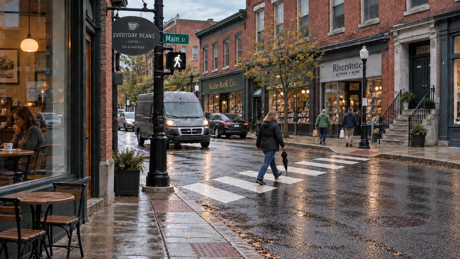 A woman crossing a wet downtown street toward the opposite curb, with brick shops, a waiting van and cafe seating.