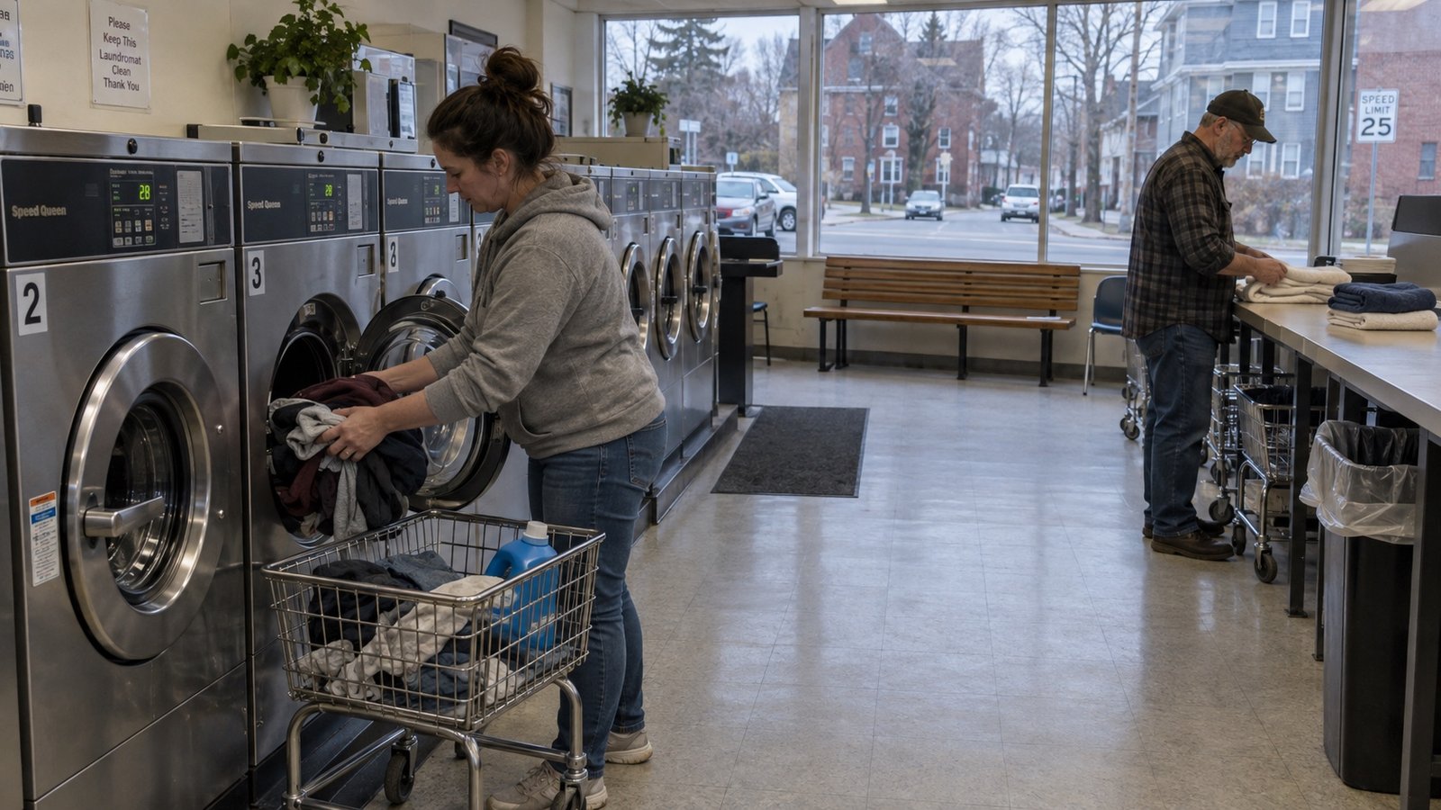 Woman loading a washing machine and a man folding a towel in a neighborhood laundromat.