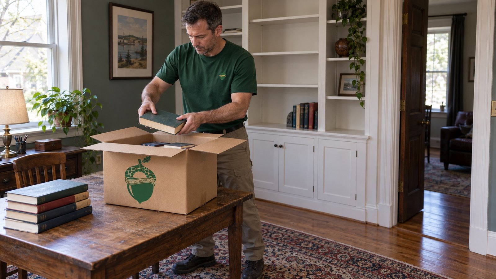 Mover lowering books into a small kraft book carton on a table beside a partly emptied bookcase.