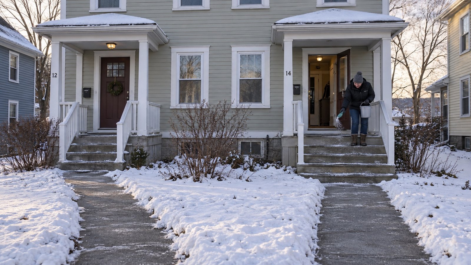 Resident spreading grit on a home’s front steps, with separate entrance paths and shallow snow.