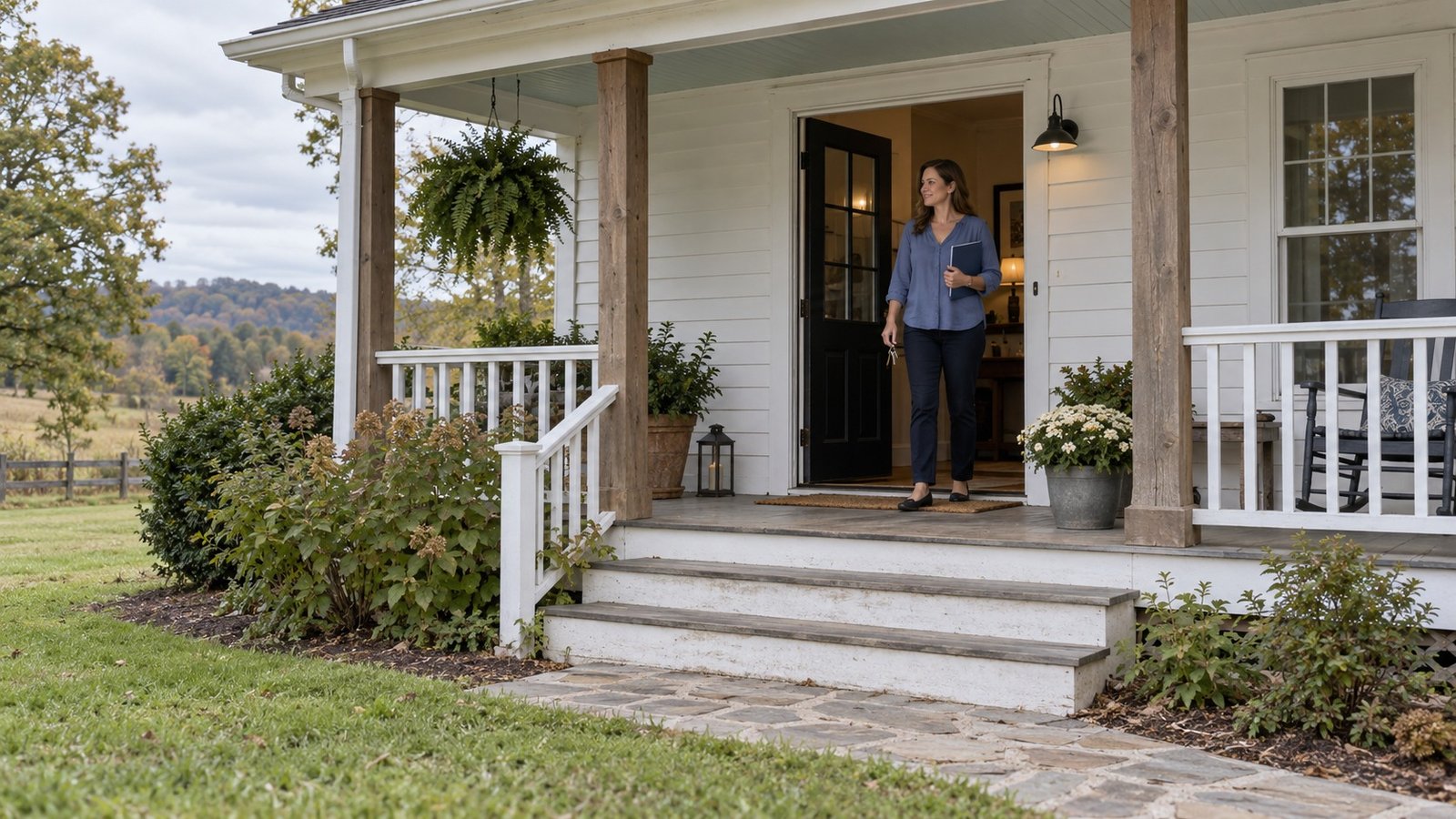 A resident holding a personal folder and keys at a rural farmhouse doorway.