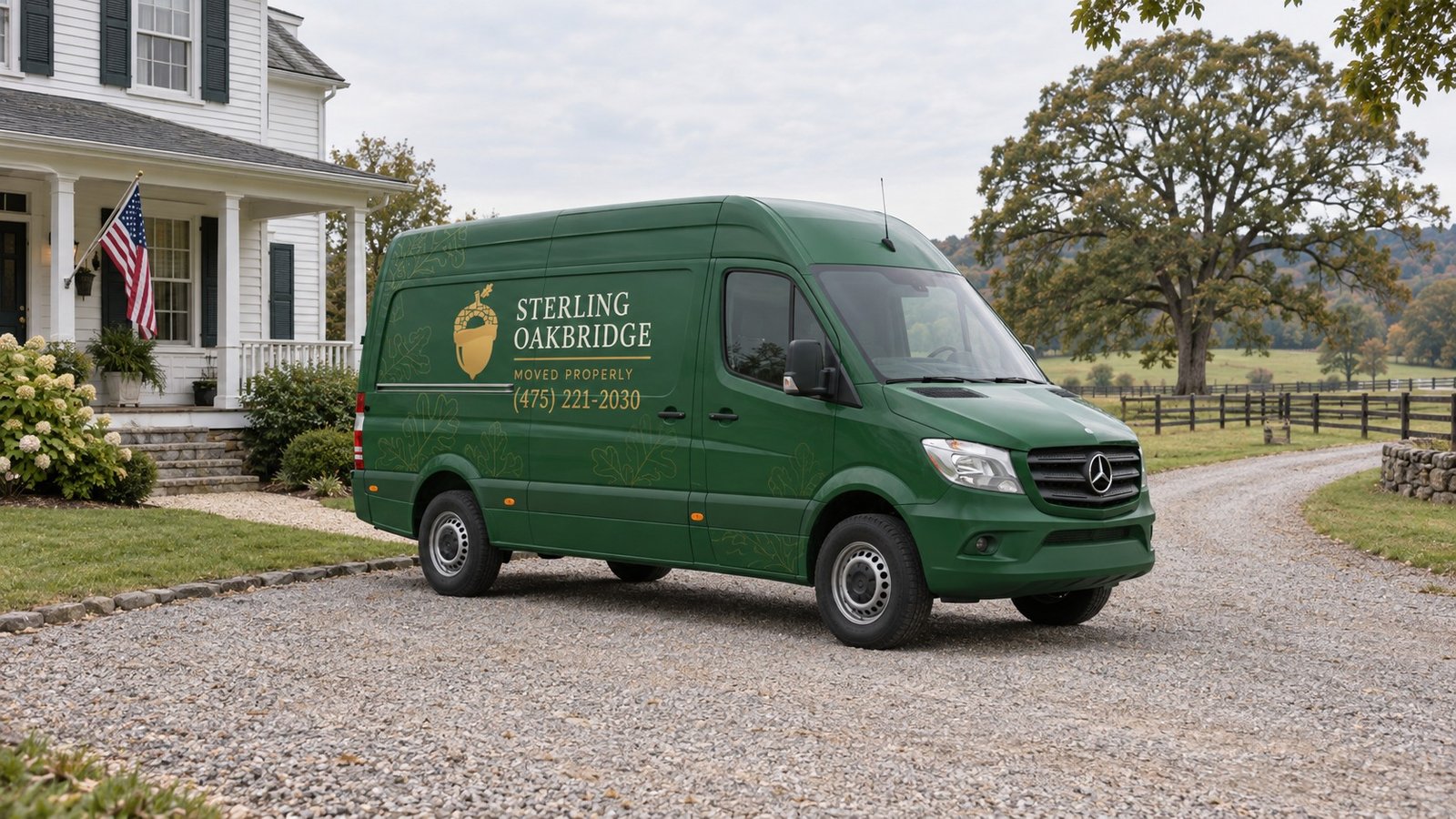 Plan the working position and exit A complete green company Sprinter standing on a firm private gravel court beside a farmhouse.