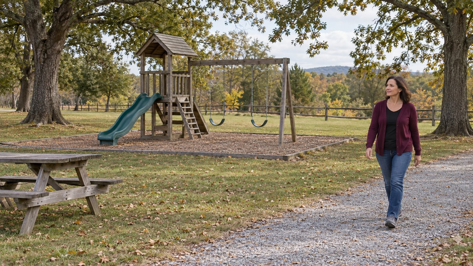A resident walking on a clear path beside an ordinary rural community playground.