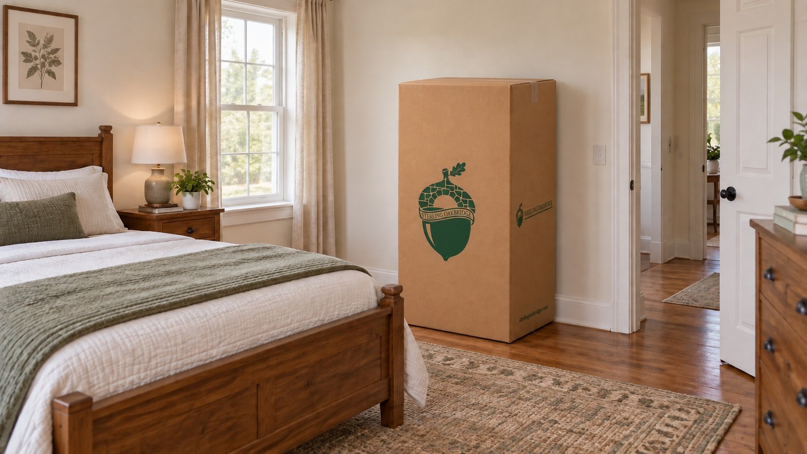 A farmhouse bedroom with a closed kraft Wardrobe carton and a clear passage.