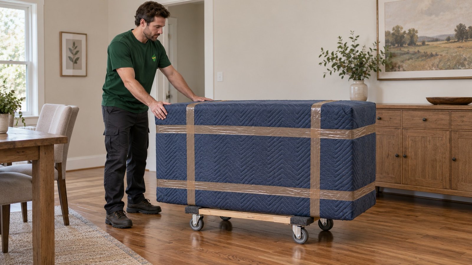 Review support and the floor route A male company mover steadying a blanket-protected low cabinet on a compact wooden furniture dolly.