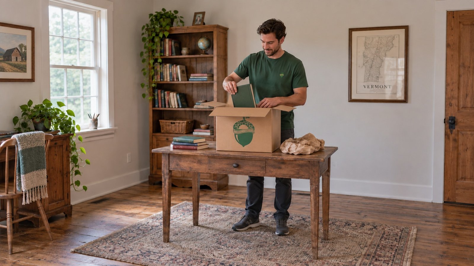 Give books a suitable small carton A male company mover packing books into an open small kraft Book carton on a complete wooden table.