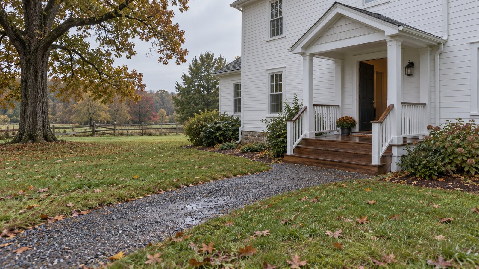 A complete timber porch and continuous firm path with damp gravel and fallen leaves beside it.