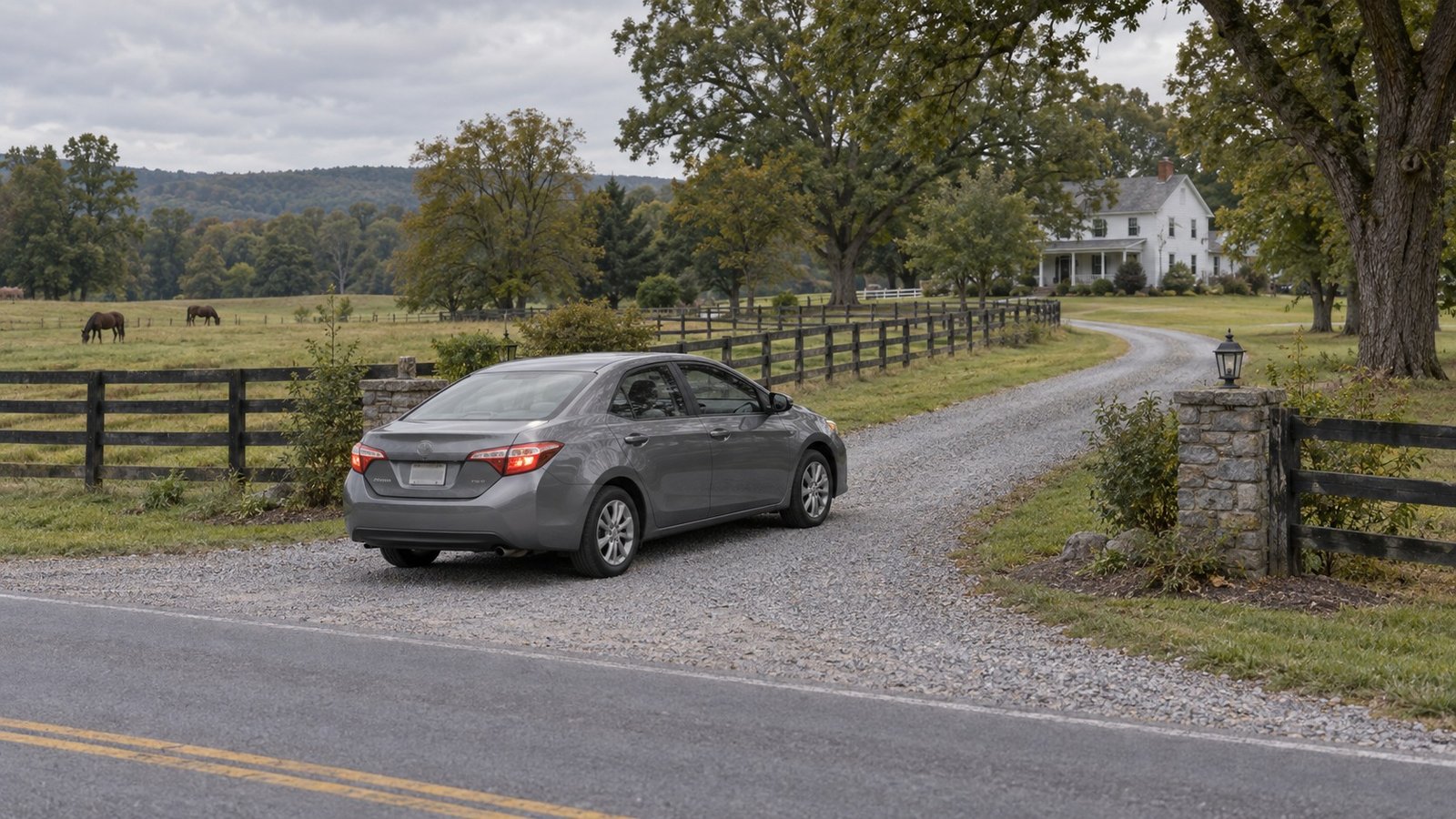 A complete ordinary gray car entering a rural driveway from a two-lane road.