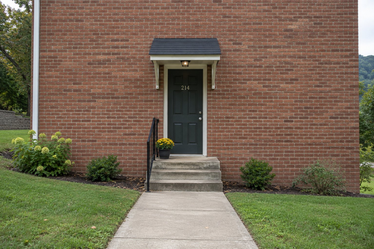 The complete side entrance and its steps A brick side entrance with a complete awning, concrete steps and handrail