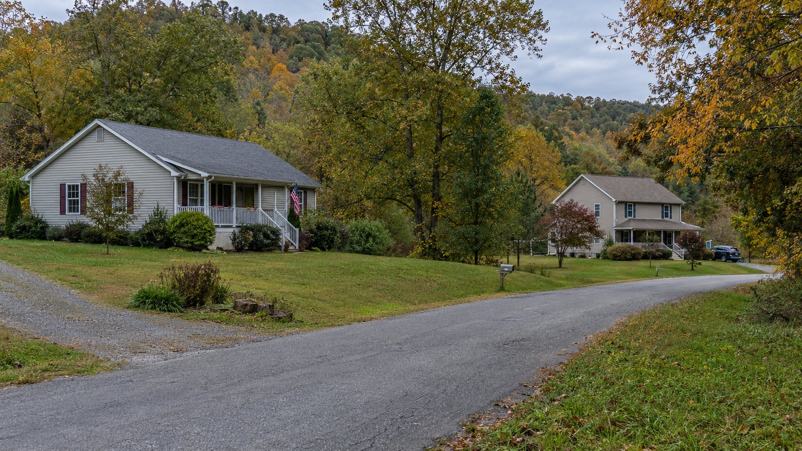 Two complete homes beside a curving residential lane in wooded terrain