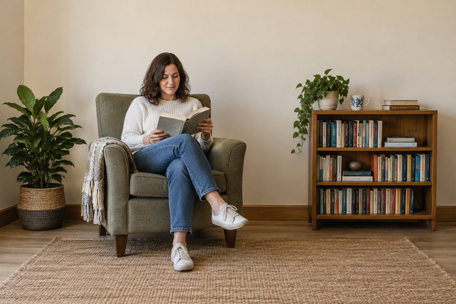 A woman reads in a complete upholstered chair beside a low bookshelf