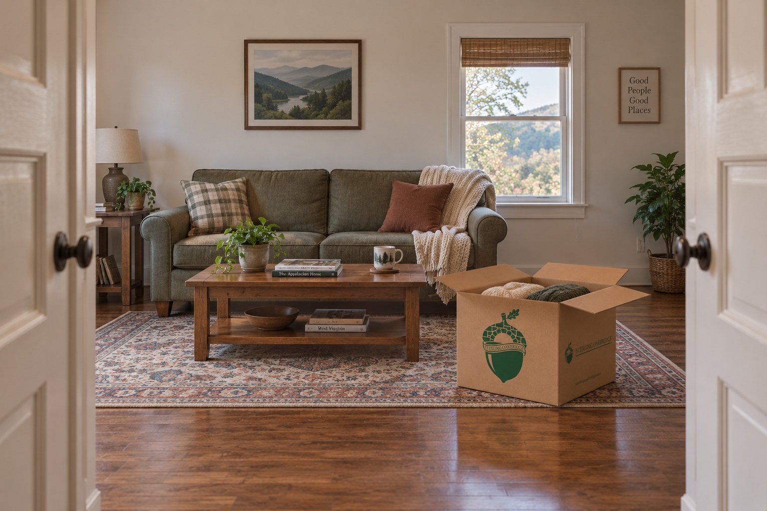 A complete sofa and coffee table beside an open branded linen carton