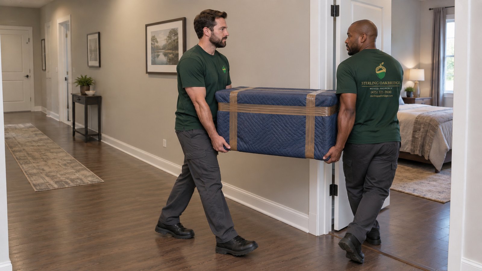 Two male movers supporting opposite ends of a rectangular protected cabinet through an open doorway