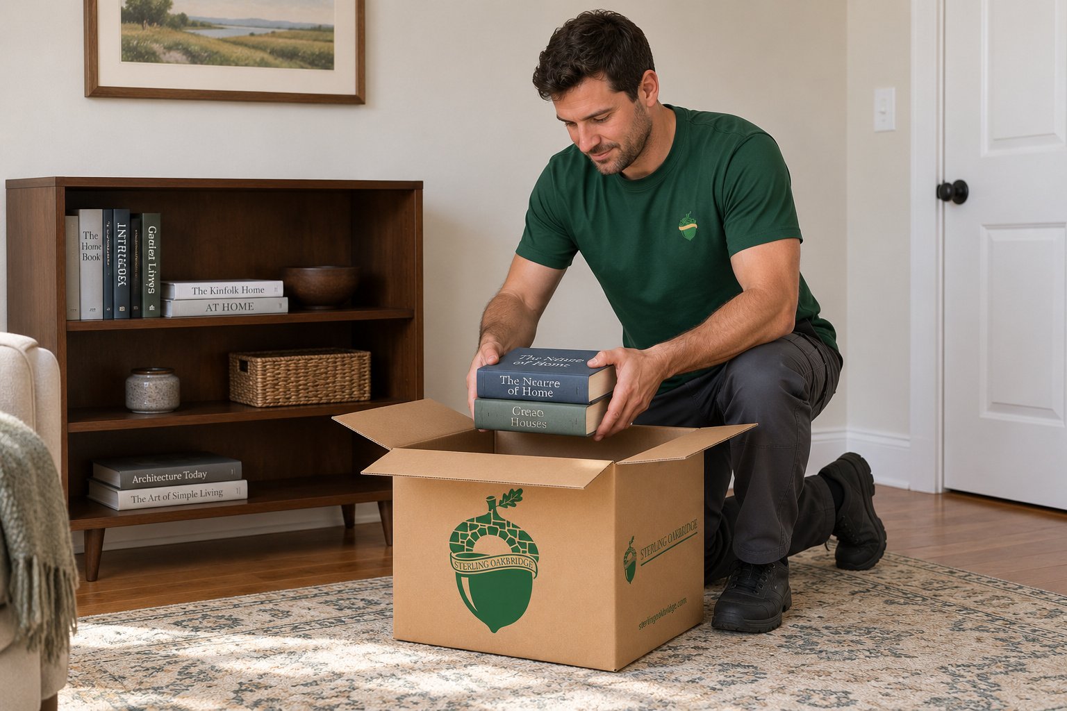 Books packed into a small carton A kneeling mover in a green branded shirt lowers two books into an open kraft carton