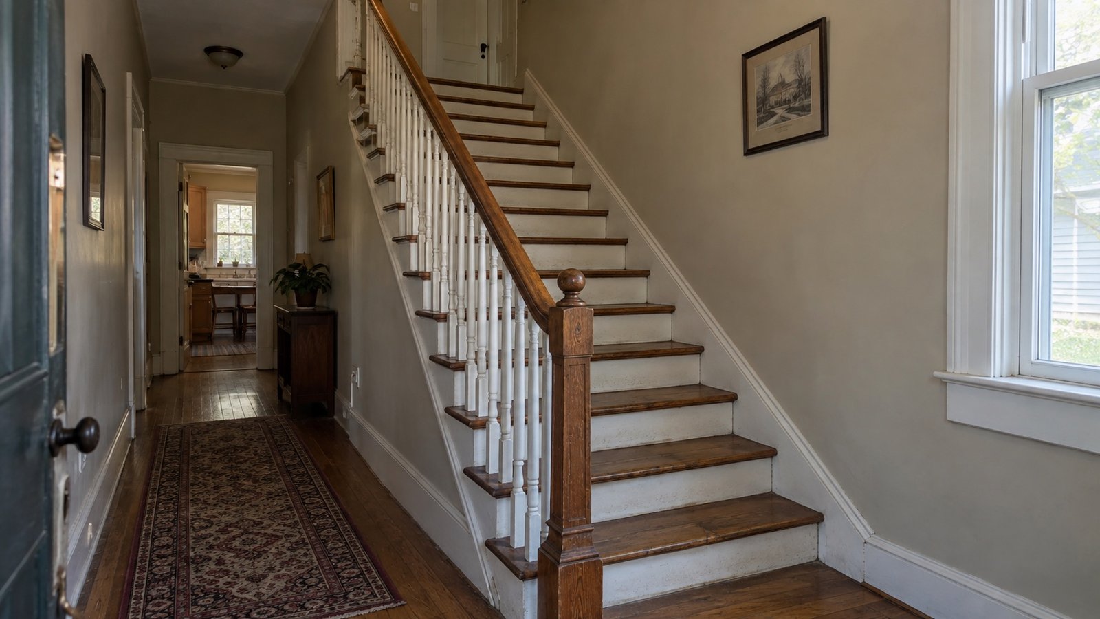 A straight interior wooden staircase and first-floor hallway with the upper landing visible.