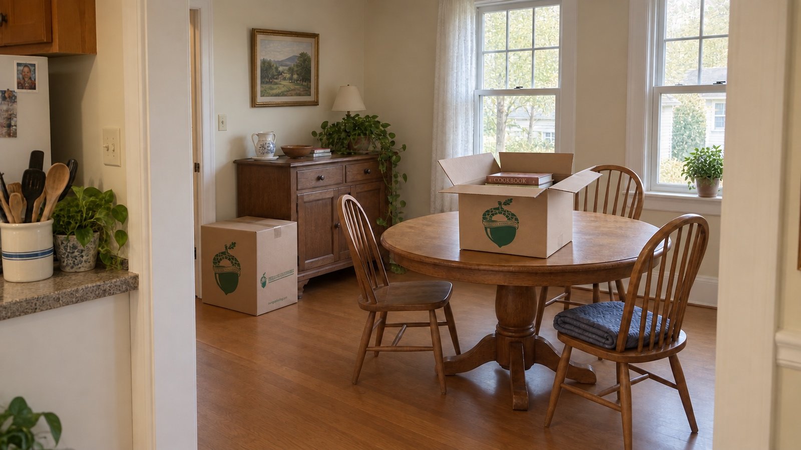 A round dining table, chairs and sideboard with two branded cartons in a partly packed home.
