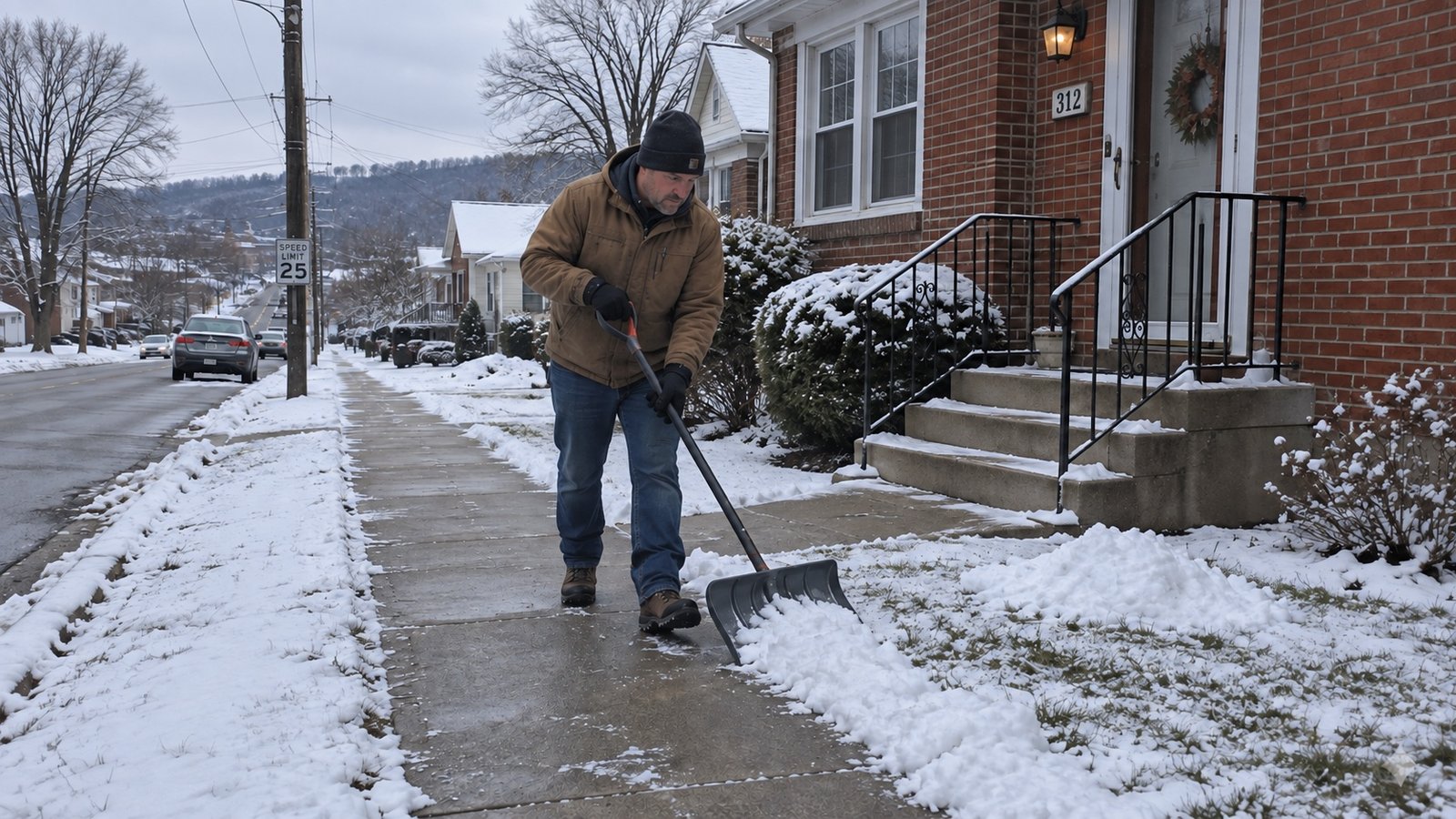 A resident clearing light snow from a sidewalk beside a house, leaving the gutter and entrance route clear.