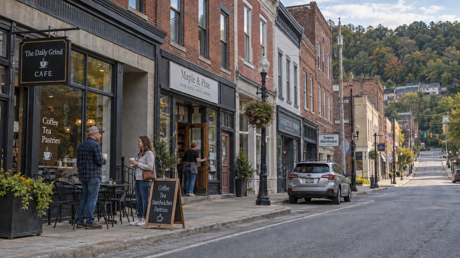 Older brick shopfronts beside a rising street, with people outside a cafe and shop.