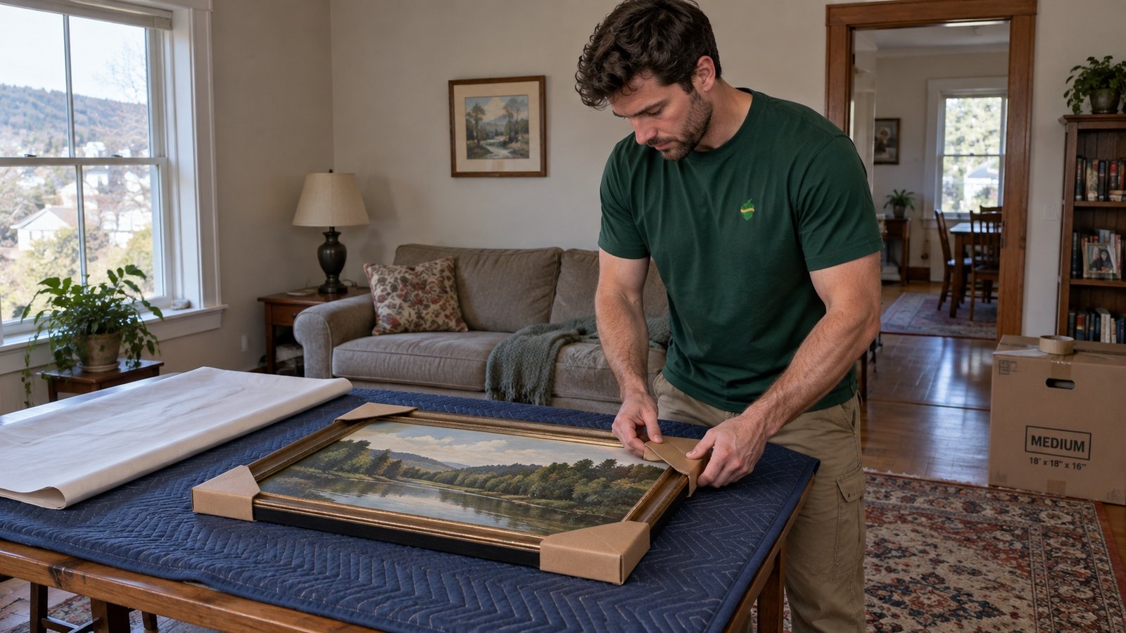 Corner protection for a framed picture A mover fitting a cardboard corner protector to a framed picture resting on a padded table.