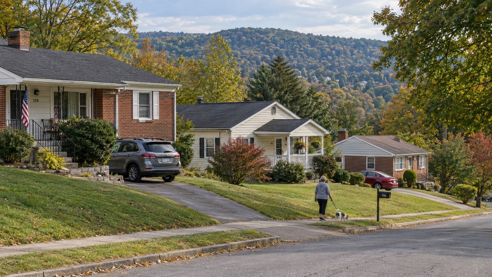 Houses and driveways at different elevations beside a residential street, with a resident walking a dog.