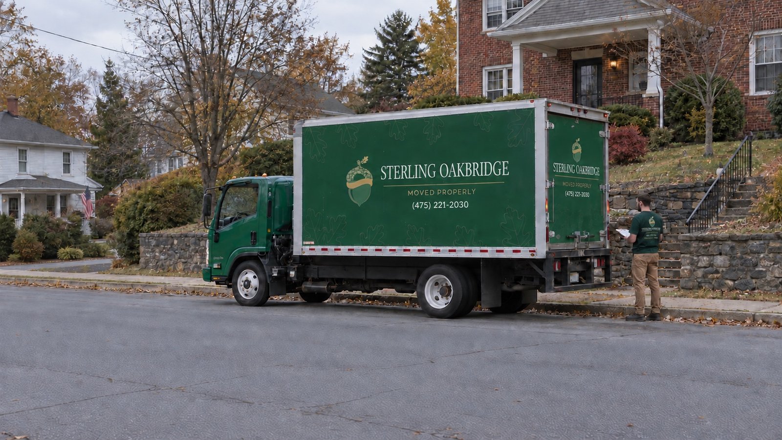 Moving truck and a clipboard check A green Sterling Oakbridge truck beside a residential curb, with a mover checking a clipboard.