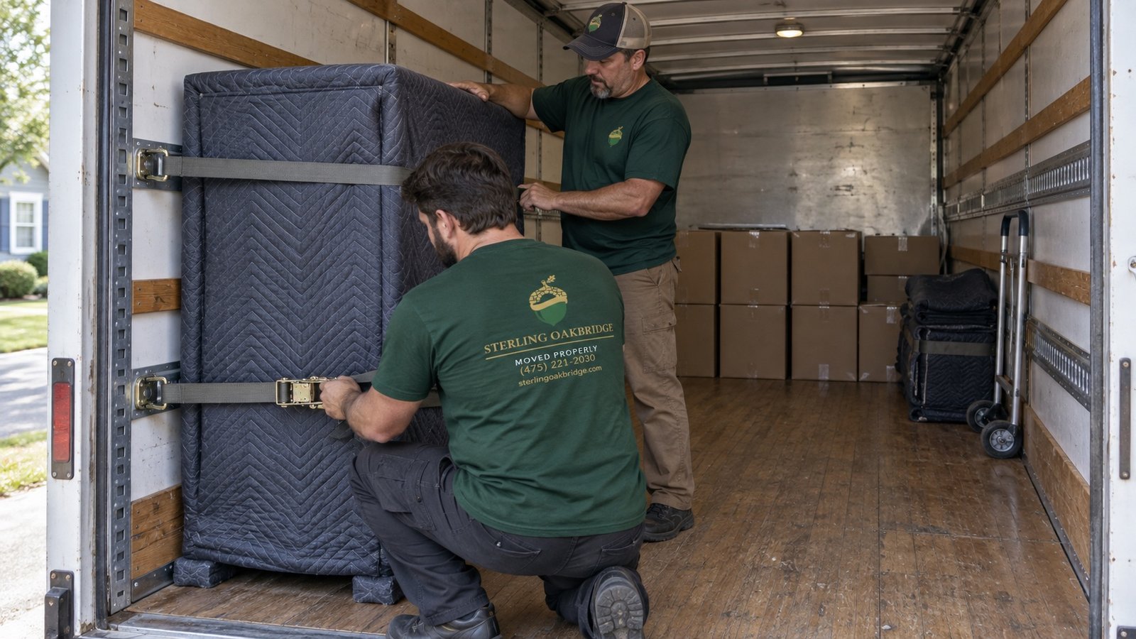 Two movers securing a blanket-protected cabinet to wall fittings inside a moving truck.