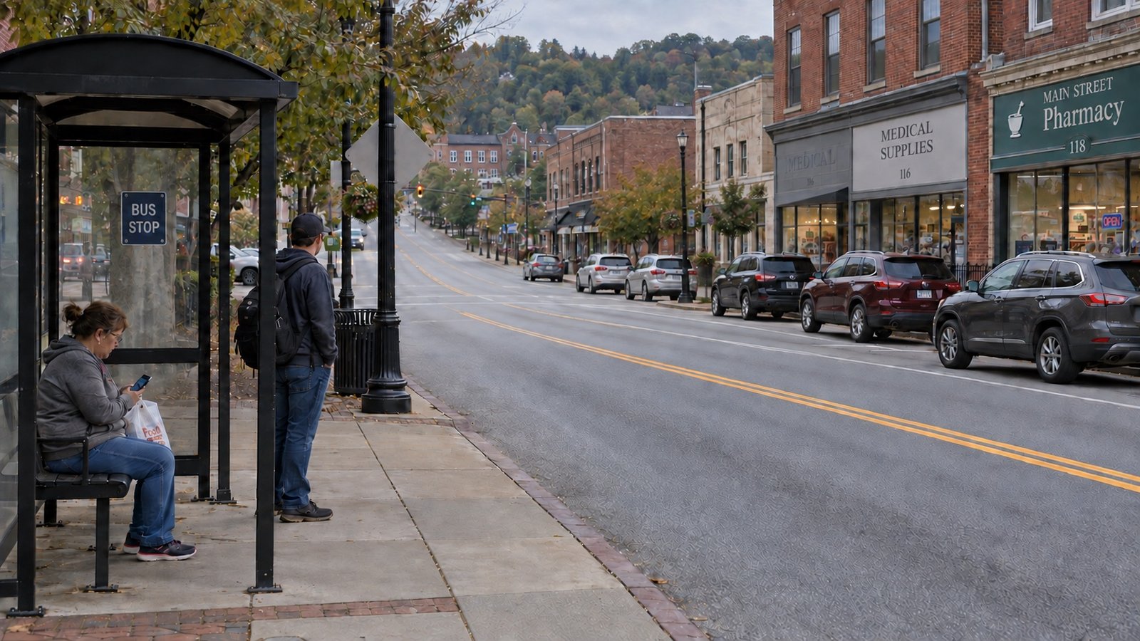 Two passengers waiting beside a bus shelter on a gently rising street with brick shops and parked cars.