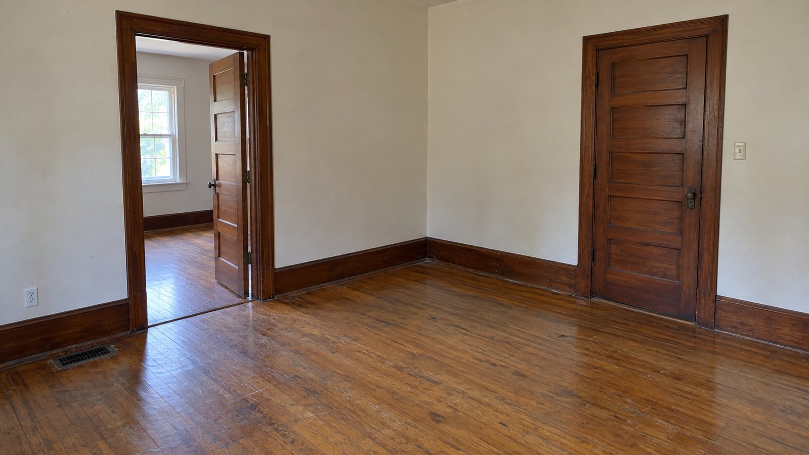 Inspect the inside turn Two complete perpendicular wooden doorways with an open leaf and a clear interior turning route.