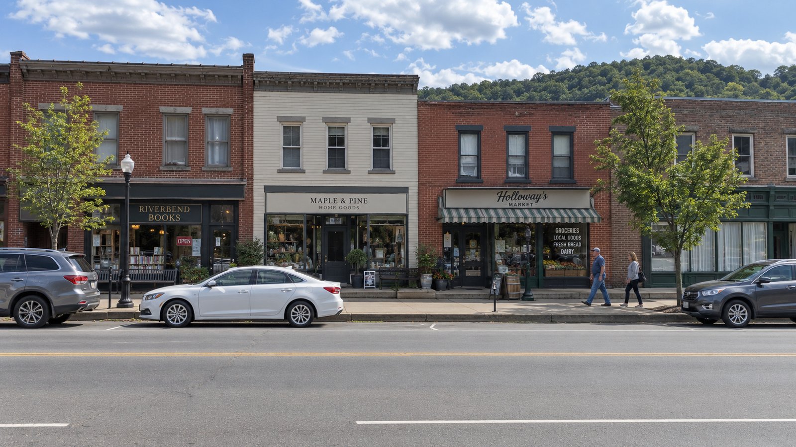 Ordinary residents and whole parked cars on a small-town shop street beneath a wooded ridge.